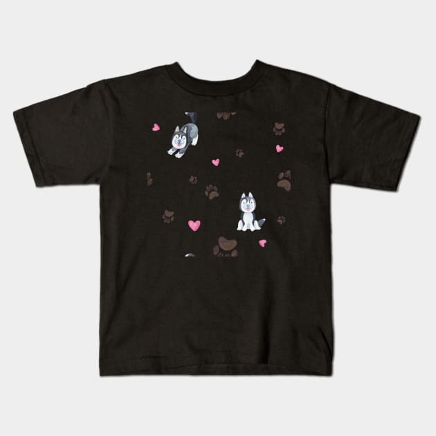 Cute Husky Paws and Hearts Pattern Kids T-Shirt by CeeGunn